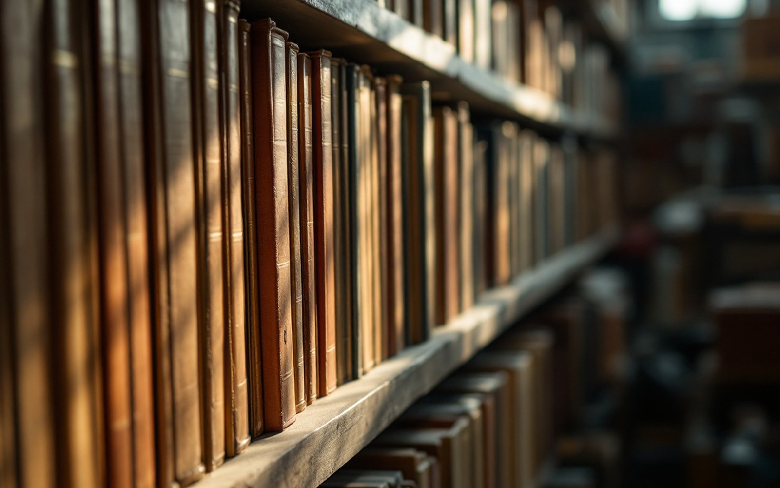 A shelf of large hardbound albums seen along their spines, library light
